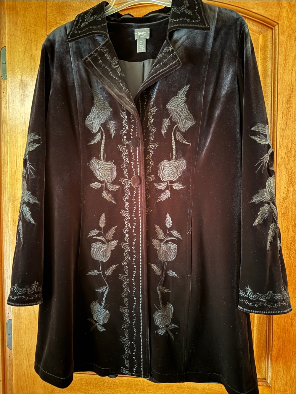 Chico's Black Velvet Embroidered Rose Coat